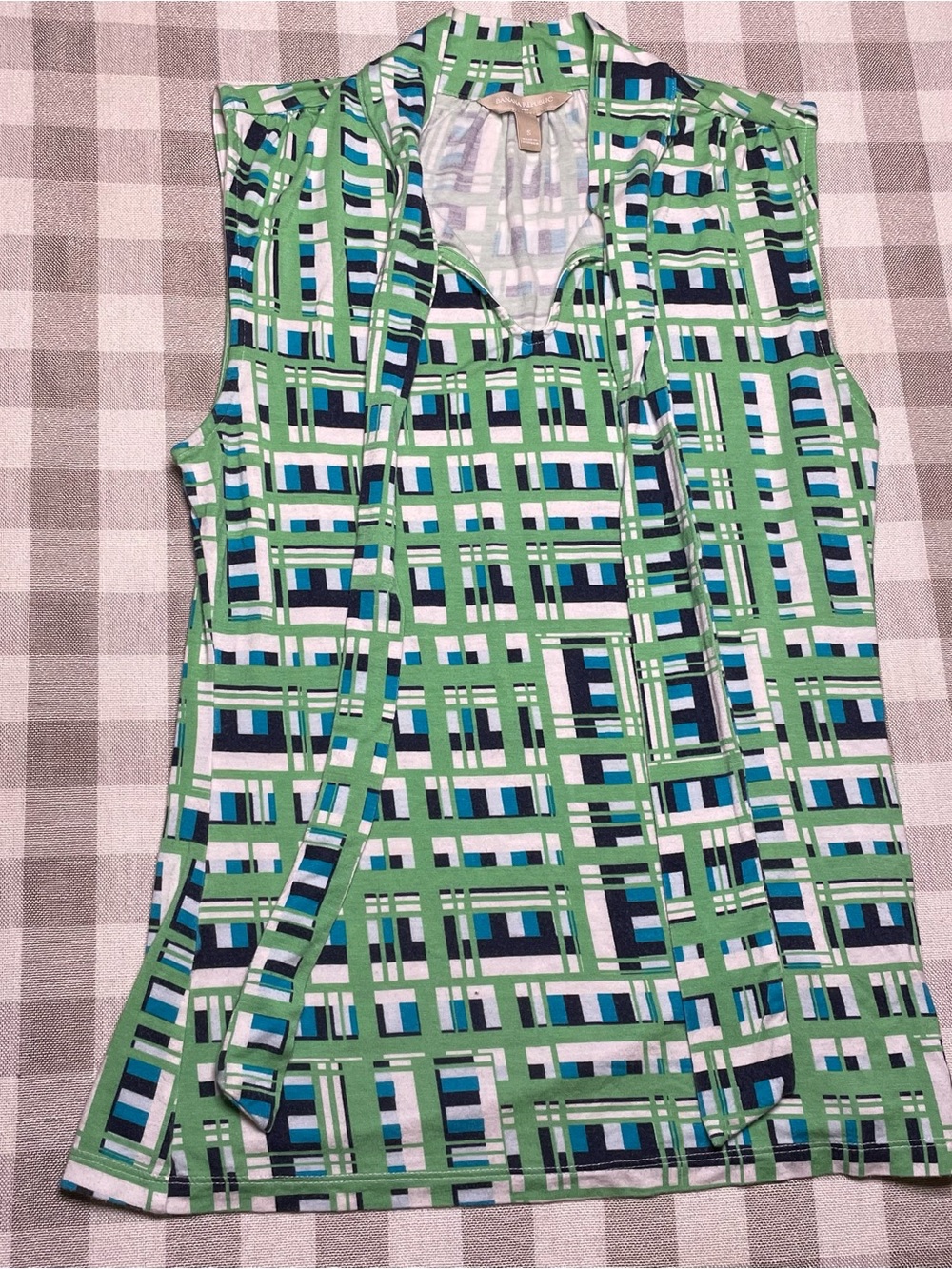 Ladies Sleeveless Blouse in Green Geometric Print